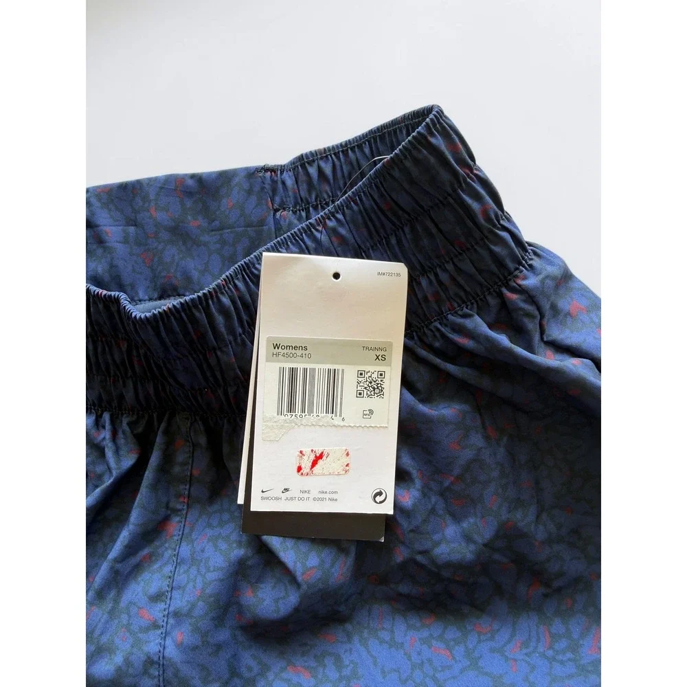 Nike Womens Dri-FIT Leopard Print Training Shorts Navy Blue Orange HF4500-410 XS